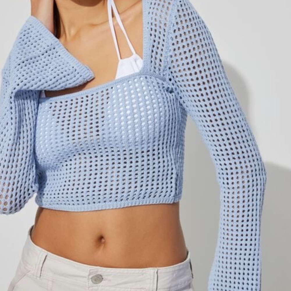 Garage Blue Long Sleeve Crochet Top Size Small